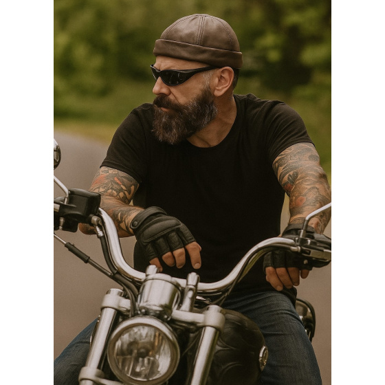 Brown Leather Biker Beanie - Bullet style Seven Jocker