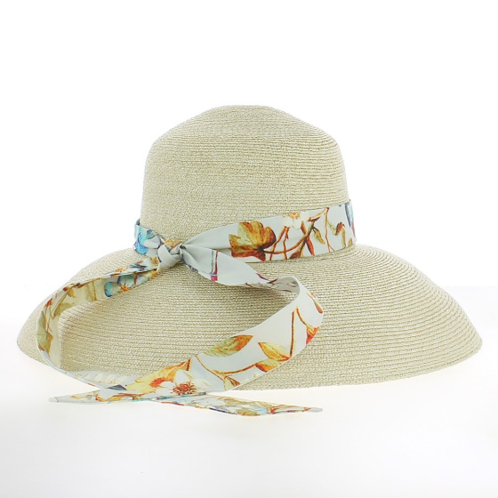 Carol wide-brimmed hat with floral ribbon 100% straw