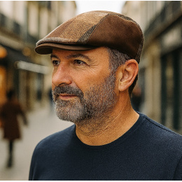 Bolzane Flat Cap Brown Leather & Wool Patchwork - Fléchet
