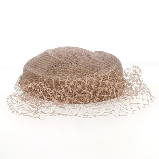 Taupe ceremonial tambourine with its veil and rose - Chapellerie Traclet - France