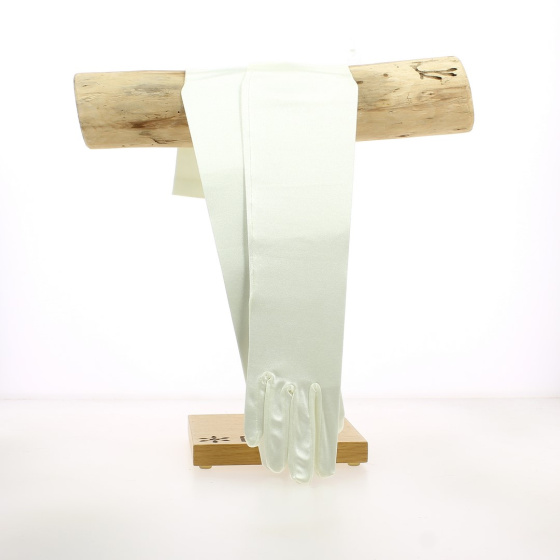 Long gloves in shiny lycra pearly cream - Chapellerie Traclet - France
