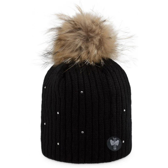 MERRY Rhinestone Pompom Beanie Black - Pipolaki