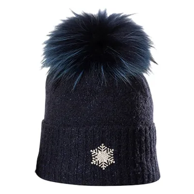 Bettina Wool Fur Pompom Beanie Navy Blue - Kristo