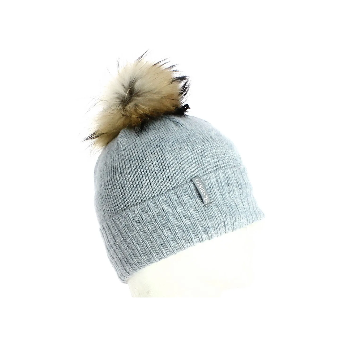 Bettina Wool Sky Blue Fur Pompom Beanie - Kristo ref 22912 chapellerie traclet
