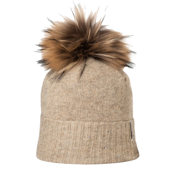 Bettina Beige Fur Pompom Beanie - Kristo