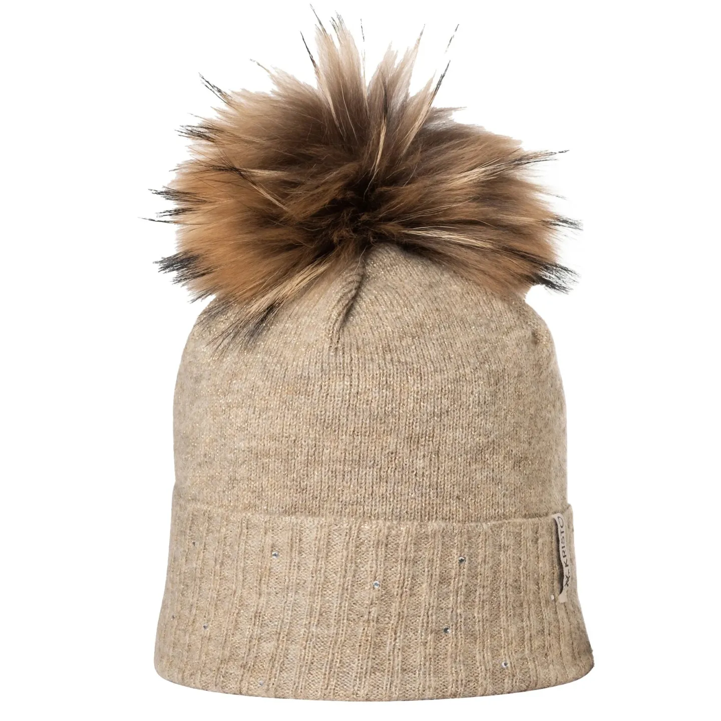 Bettina Beige Fur Pompom Beanie - Kristo ref 22915 chapellerie traclet