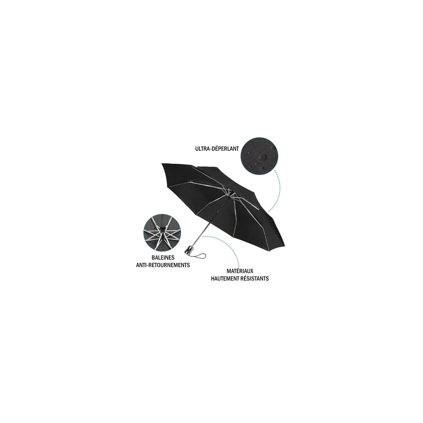Parapluie 3 Sections Ultra Solide Noir - Isotoner réf 23309 - chapellerie traclet
