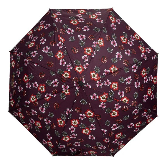 Parapluie 3 Sections Fleurs Aubergine Ouverture Manuelle - Isotoner