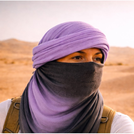 Chèche Touareg Bi Couleur Lilas & Gris coton - Traclet