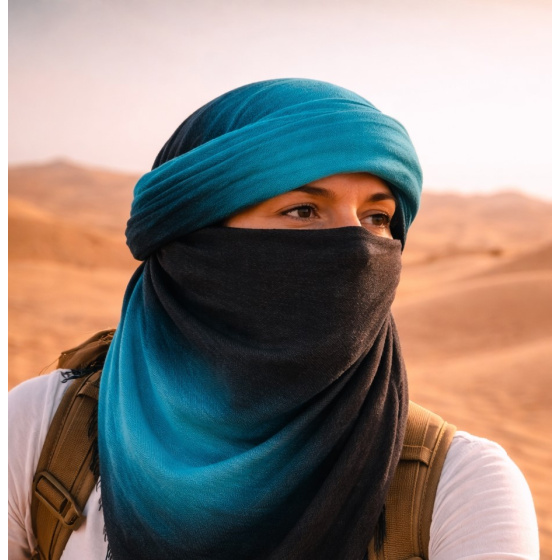 Chèche Touareg Bi Couleur Turquoise & Gris coton - Traclet