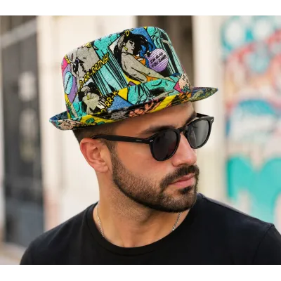 PorkPie Caribe Pop Art Linen UPF 40+ Hat - Traclet Reference : 23666| Chapellerie Traclet