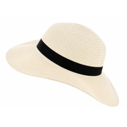Wide Brim Straw Hat Rhodes Natural Ribbon Black - Traclet