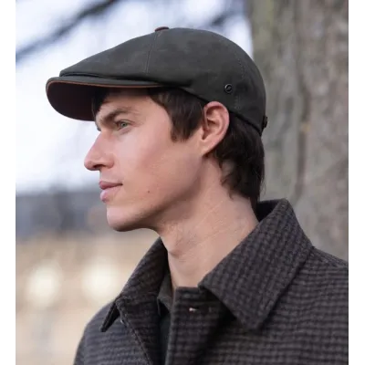 Basile Olive Leather Flat Cap - Flechet, Ref: 24648, Chapellerie Traclet