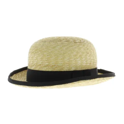 straw bowler hat with black ribbon