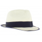 White straw hat with navy ribbon