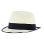 White straw hat with navy ribbon