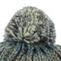 Blue citrus beanie with turquoise grey mustard yellow pom-pom stripe
