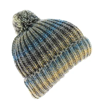 Bonnet Argume Bleute Pompon rayure Turquoise Grise et Jaune Moutarde Reference : 4439 | Chapellerie Traclet