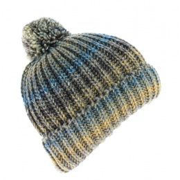 Blue citrus beanie with turquoise grey mustard yellow pom-pom stripe