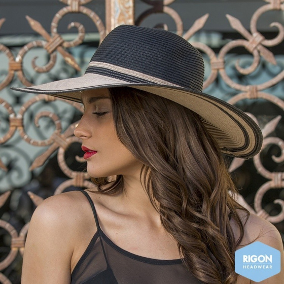 Two-Tone Black/Brown Natural Fiber Wide-Brimmed Hat - Rigon Headwear