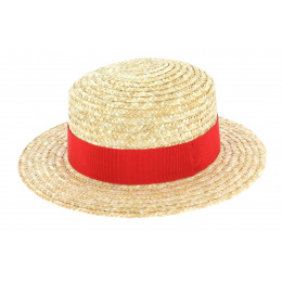 Children's Natural Straw Boater Hat Red - Traclet