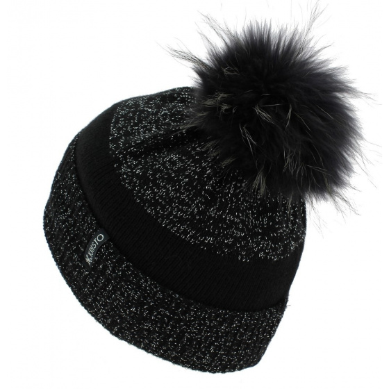 Bonnet Pompon Fourrure Luxy Bicolore Noir Argent - Kristo