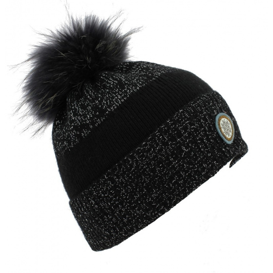 Two-Tone Black Silver Luxy Fur Pompom Beanie - Kristo