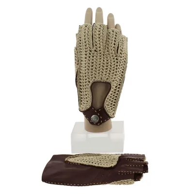 Brown Leather & Cotton Driving Fingerless Gloves - Glove Story Reference: 574 | Chapellerie Traclet