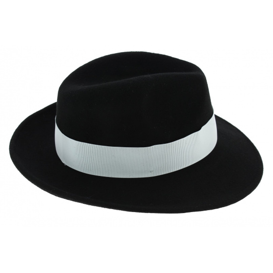 Vanador Fedora Hat Black Wool Felt with White Ribbon Waterproof - Traclet