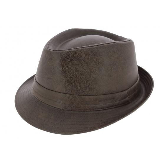 Brown Leather-Look Goody Dust Trilby Hat - Traclet