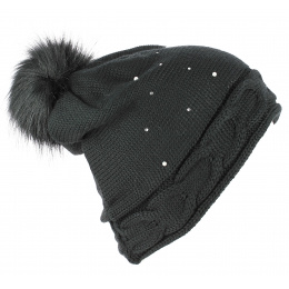 Ramona Beanie with Rhinestone Pompom Black - Traclet