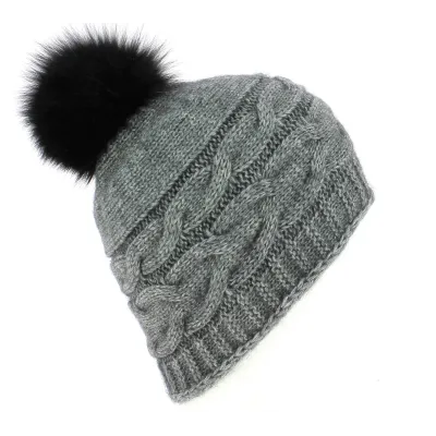 Foxy Taupe Beanie-Buy sell beanie-Traclet-in Wool and Acrylic Fox fur Pom-pom Reference: 8570 | Traclet Hat Shop