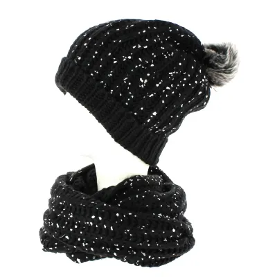 Black beanie with pompom and silver glitter snood TRACLET Reference: 8667 | Chapellerie Traclet
