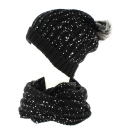 Black silver sequined TRACLET beanie pompon and snood