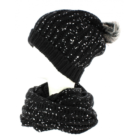 Black beanie with pompom and silver glitter snood TRACLET