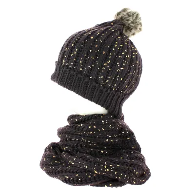 Ensemble Bonnet pompon et snood marron pailleté TRACLET Reference : 8668 | Chapellerie Traclet