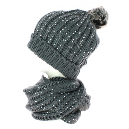 TRACLET Glittery Gray Pom-Pom Beanie and Snood