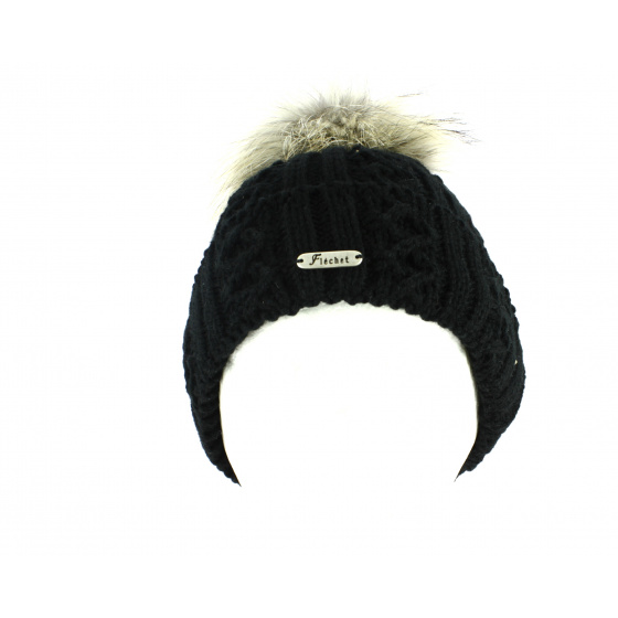 Black Pompom and Fur Beanie-Fléchet