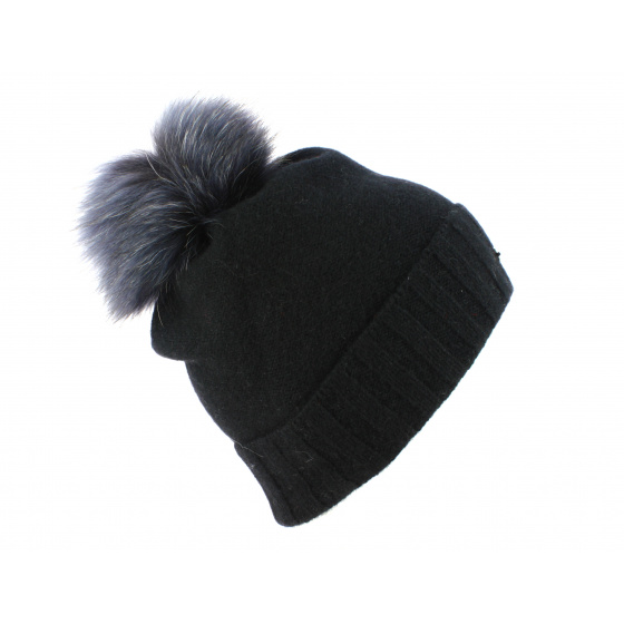 Black/Grey Pompom and Fur Beanie - Fléchet