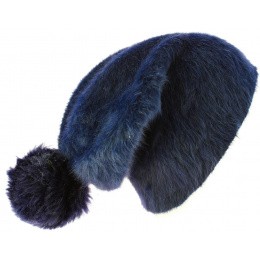 Long Venice Angora Navy Blue Beanie with Pompom - Traclet