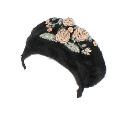 Béret Fiori Angora Noir avec Fleurs- Traclet  Reference : 8858 | Chapellerie Traclet