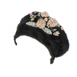 Black Angora Fiori Beret with Flowers-Traclet