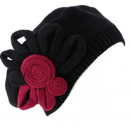 Leïla Cotton Flower Beret Black & Burgundy - BeBeret
