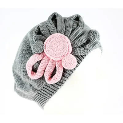 Béret Leïla Coton Fleur Gris & Rose- BeBeret Reference : 9033 | Chapellerie Traclet