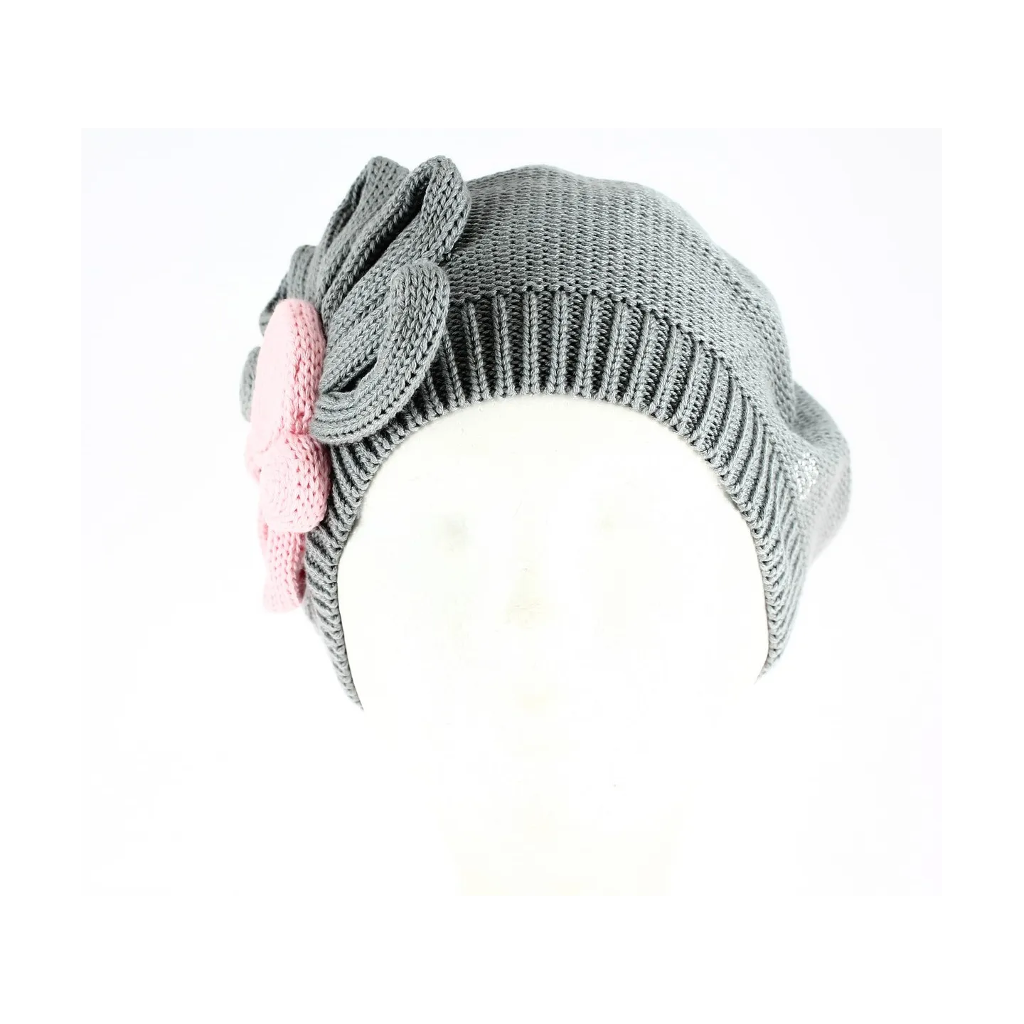 Béret Leïla Coton Fleur Gris & Rose- BeBeret Reference : 9033 | Chapellerie Traclet