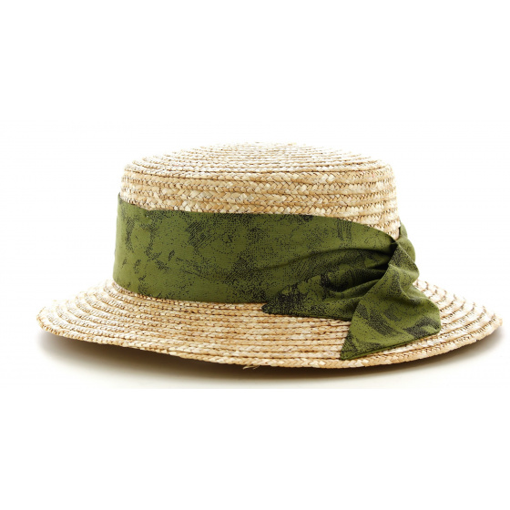 Women's Boater Hat Sidonie Natural Straw Green Ribbon - Traclet Women's Boater Hat Sidonie Natural Straw Green Ribbon - Traclet