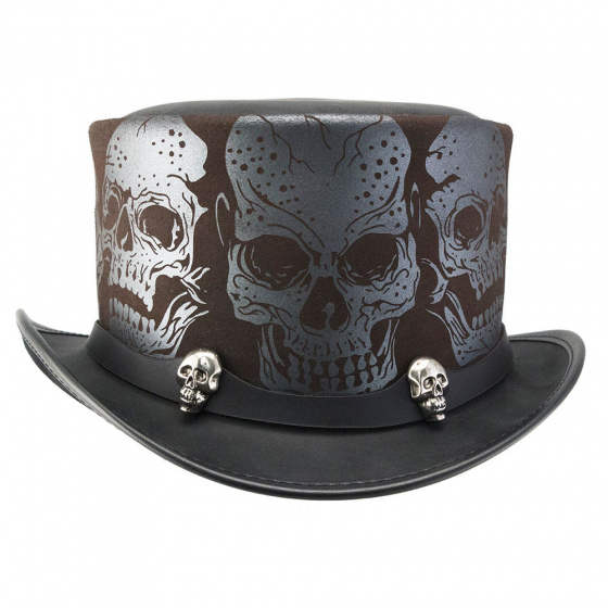 Silver Skull Leather Top Hat - Head'N Home Silver Skull Leather Top Hat - Head'N Home