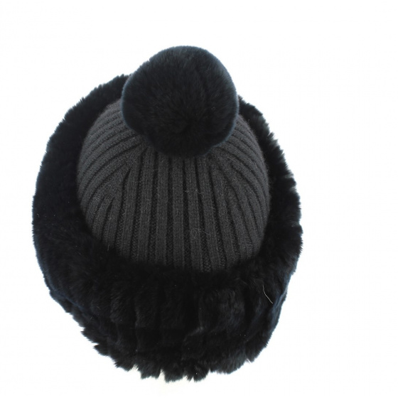 Bonnet à Pompon Rex Cachemire & Fourrure Noir- Traclet Bonnet à Pompon Rex Cachemire & Fourrure Noir- Traclet