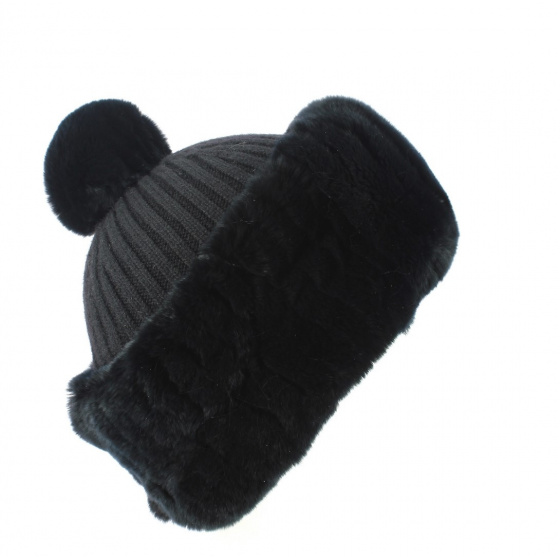Bonnet à Pompon Rex Cachemire & Fourrure Noir- Traclet Bonnet à Pompon Rex Cachemire & Fourrure Noir- Traclet