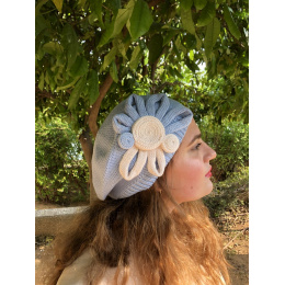 Leïla Cotton Beret Blue & Pink Flower - BeBeret